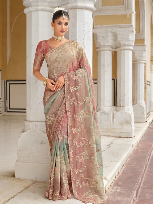 Shaded pink khatli embellished silk saree