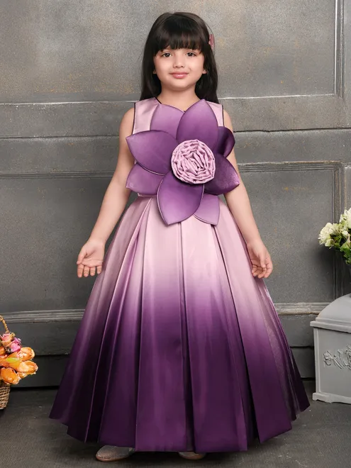 Shaded purple satin sleeveless party wear gown