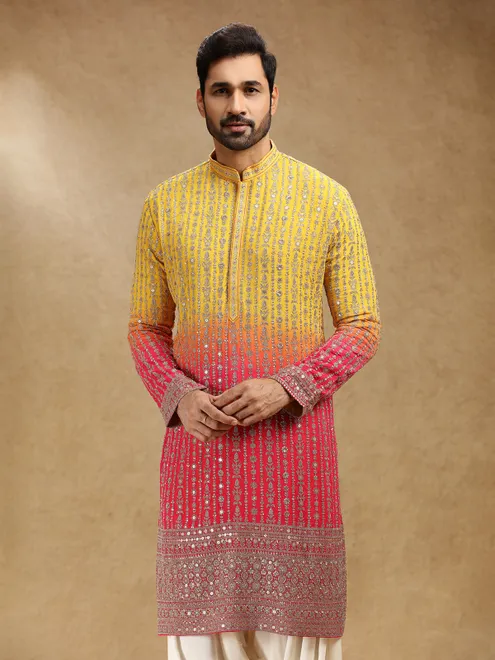 Shaded yellow and pink georgette kurta pajama for men