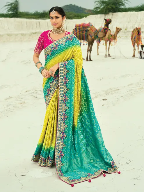 Shaded yellow and rama green bandhej georgette saree