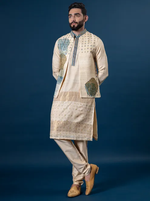 Shiney cream raw silk waistcoat set for men