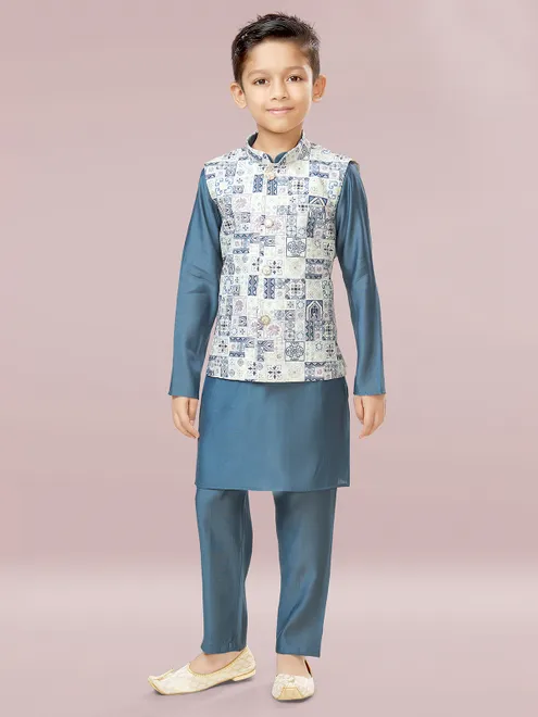 Shiny blue and white waistcoat set for boys