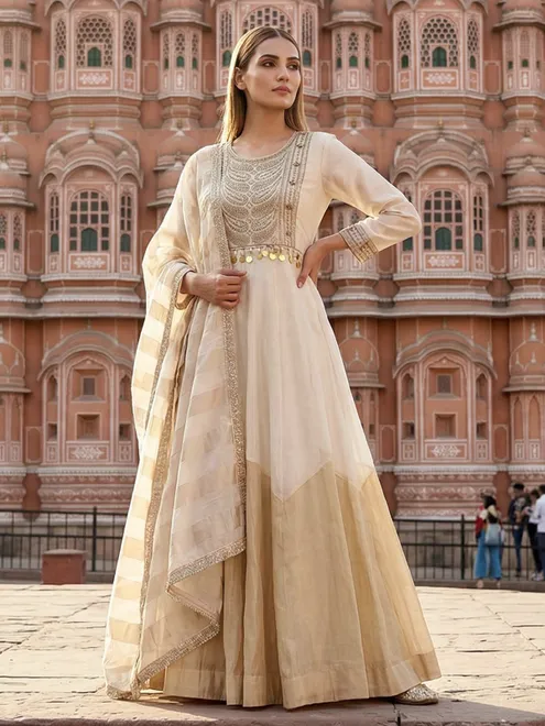 Silk cream anarkali suit for women wedding collections