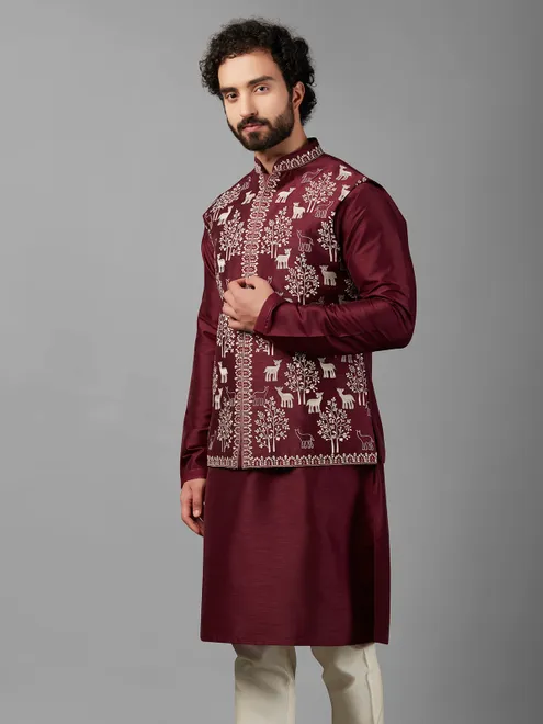 Silk maroon waistcoat set with embroidery