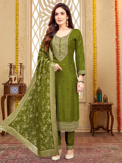 Silk mehendi green salwar suit with dupatta