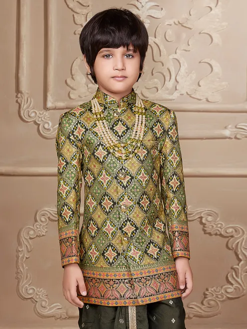 Silk printed indowestern in olive