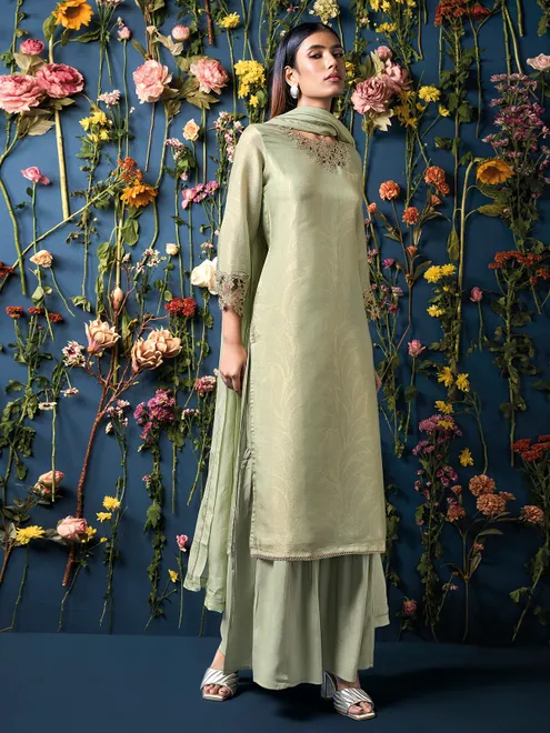 Silk printed pista green palazzo suit