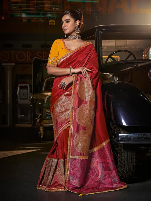 Silk red zari weving saree