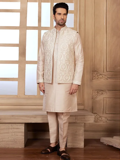 Silk wedding wear waistcoat set in peach