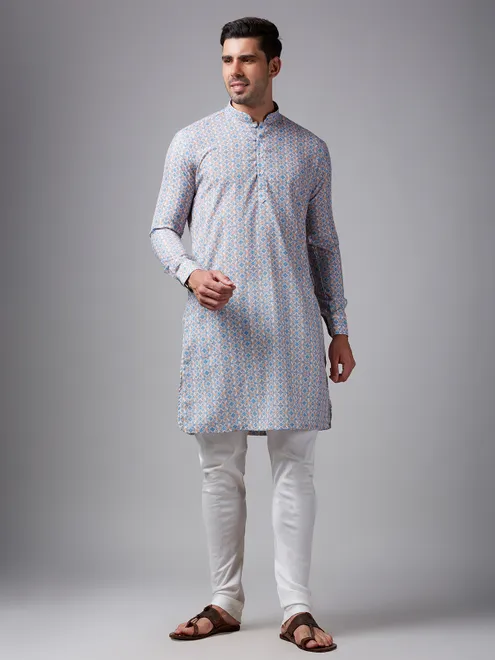 Silk white and blue printed men kurta pajama