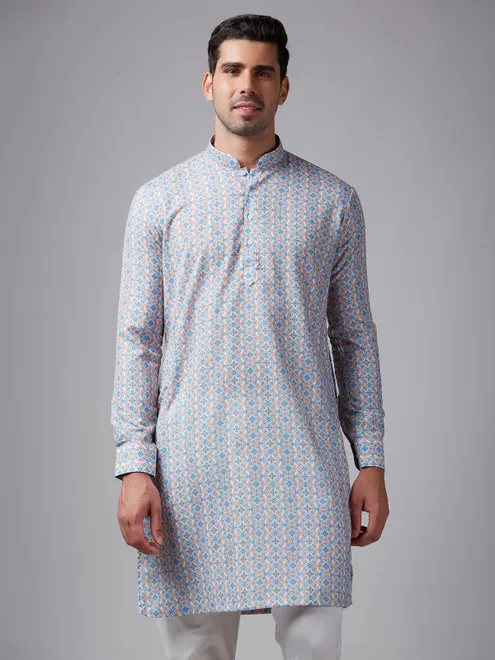 Silk white and blue printed  Men Kurta pajama