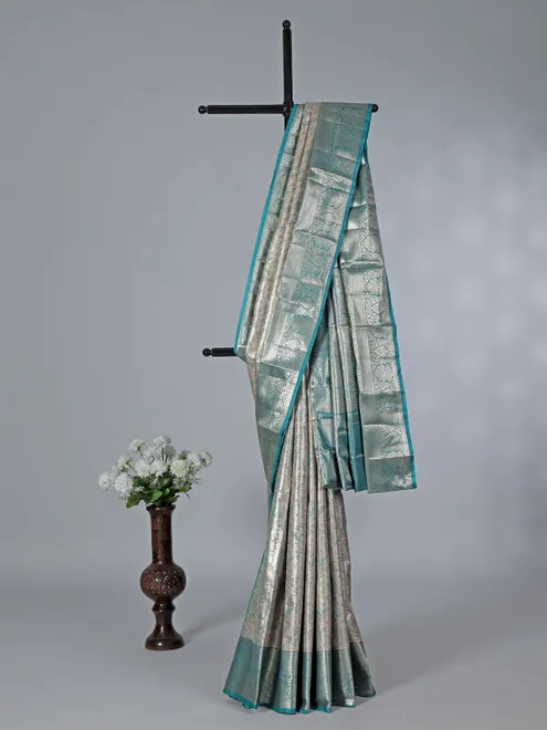 Silver kanjivaram silk zari saree with contrast border