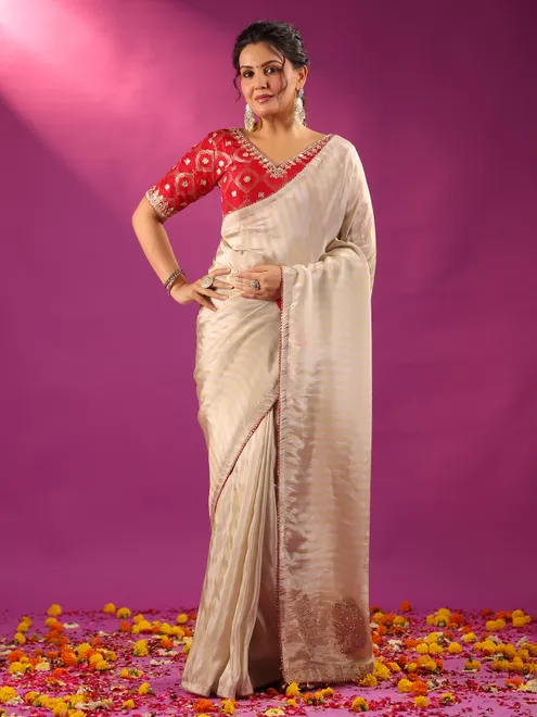Silver silk festive ready saree with red blouse