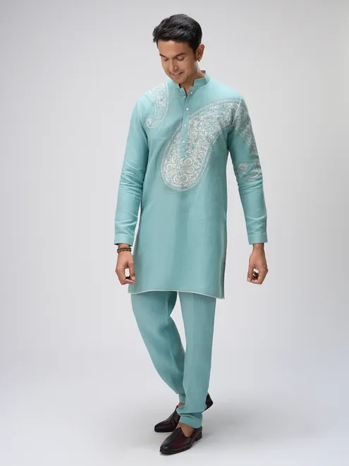 Sky blue aabla linen kurta pajama