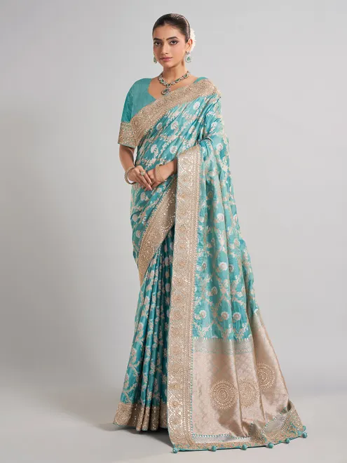 Sky blue banarasi silk saree with detailed zari work