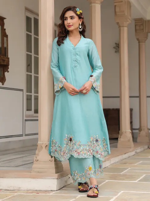 Sky blue chanderi silk pakistani kurti set for festive wear