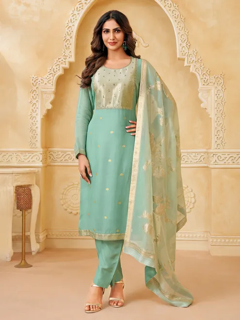 Sky blue chiffon salwar suit with zari worked dupatta