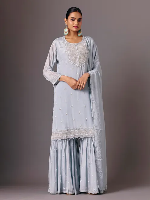 Sky blue chinon round neck sharara suit