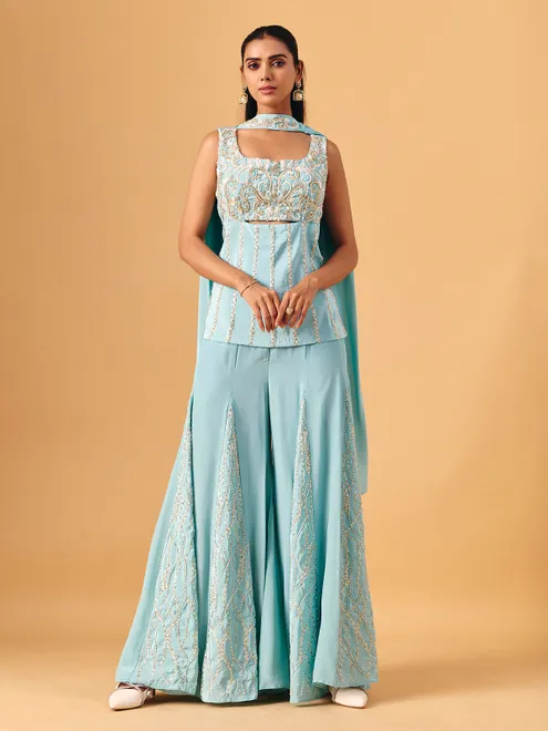 Sky blue chinon silk palazzo suit with sequin accents
