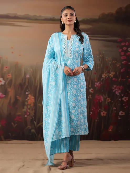 Sky blue cotton printed festival wear kurti set
