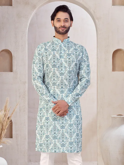 Sky blue cotton printed kurta suit for men
