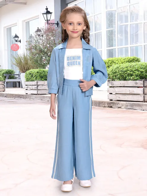 Sky blue cotton silk jacket co ord set with stones