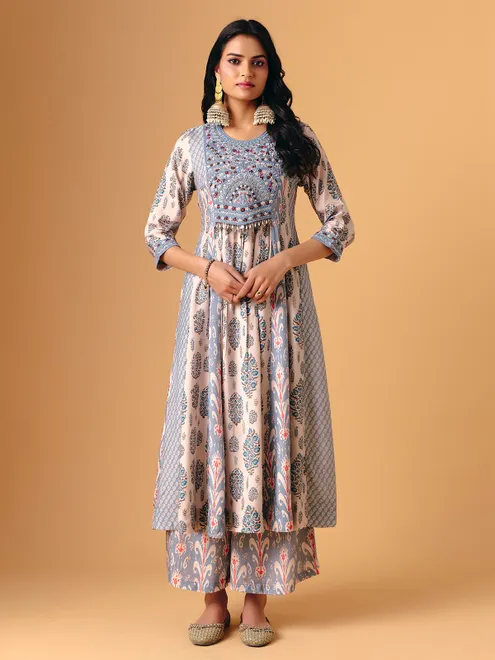 Sky blue cotton silk round neck palazzo suit for women