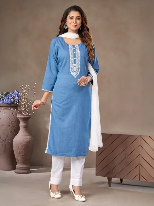 Sky blue cotton silk salwar suit with embroidered detailing