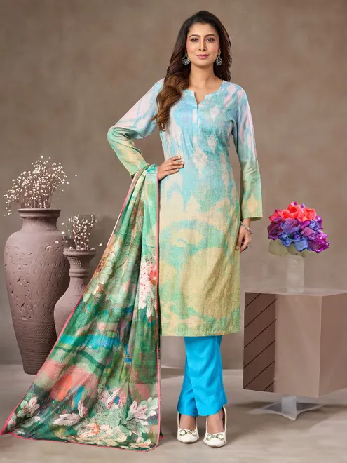 Sky blue cotton silk salwar suit with stand collar