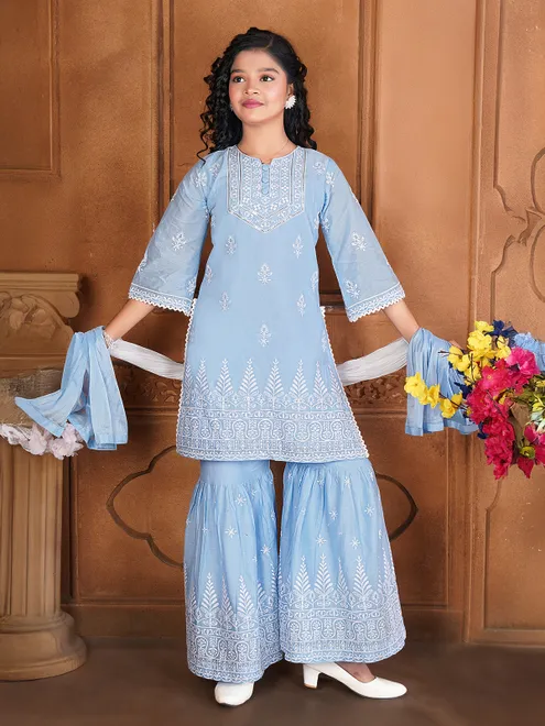 Sky blue cotton silk sharara designer salwar suit