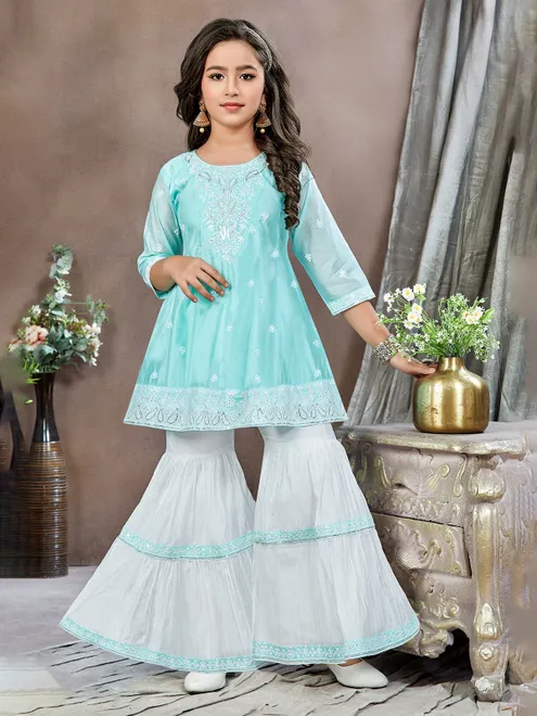 Sky blue cotton silk sharara salwar suit for girls