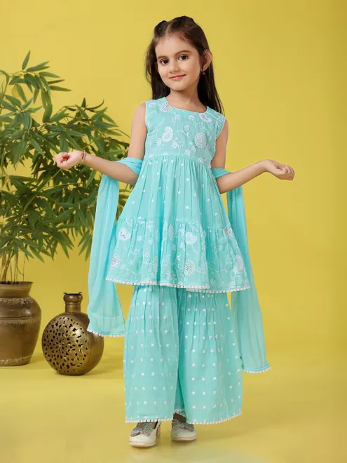 Sky blue cotton silk sharara suit with dupatta