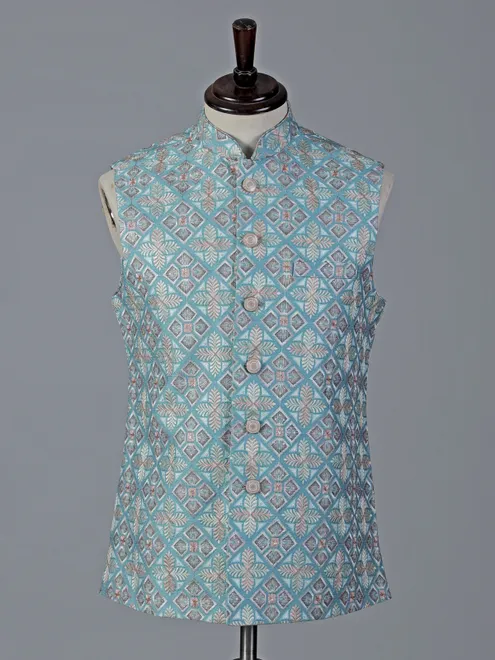 Sky blue cotton silk waistcoat with sequins work