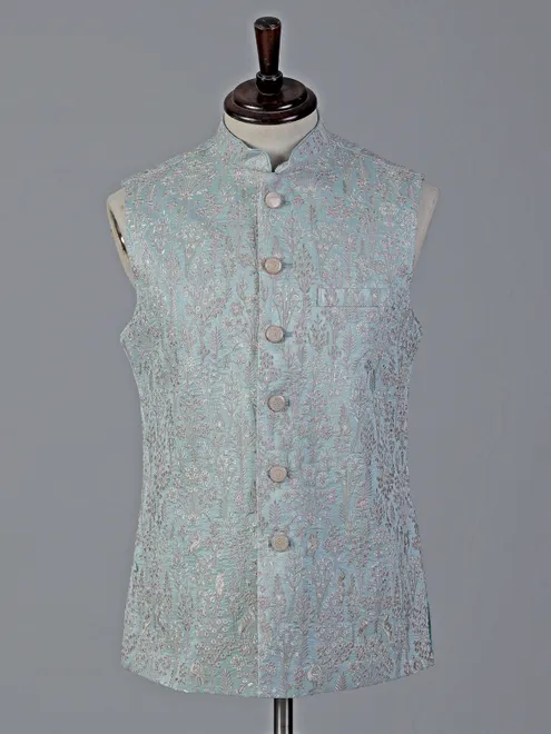 Sky blue embroidered cotton silk waistcoat