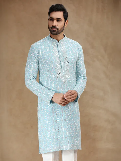 Sky blue georgette kurta suit with aabla detailing