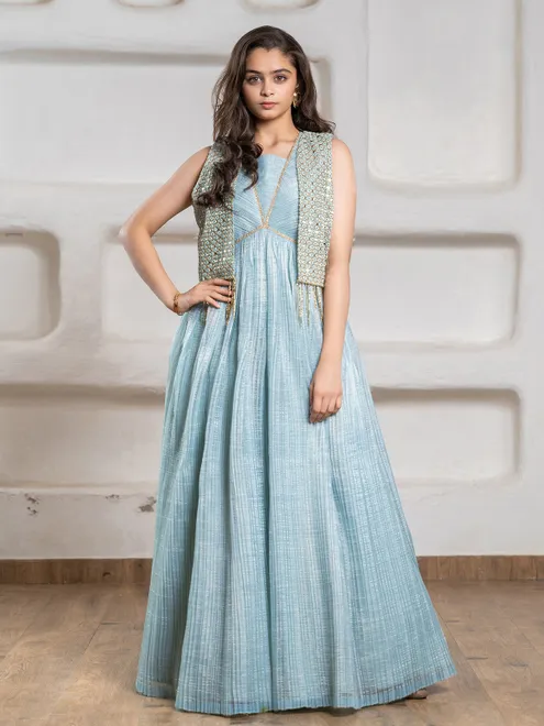 Sky blue jacket style floor length gown