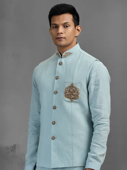 Sky blue linen dainty brooch embroidered waistcoat set