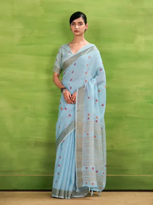 Sky blue linen silk saree with zari