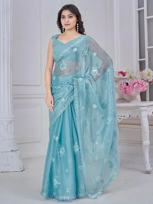 Sky blue organza saree with delicate hand embroidery