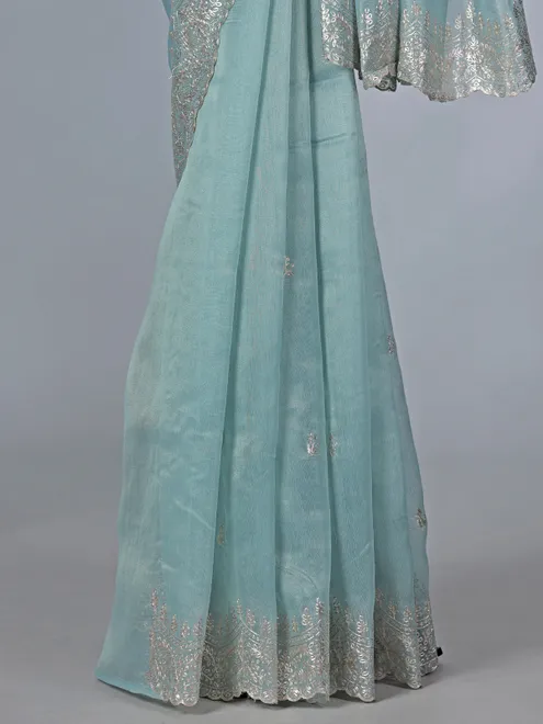 Sky blue organza saree with elegant thread work