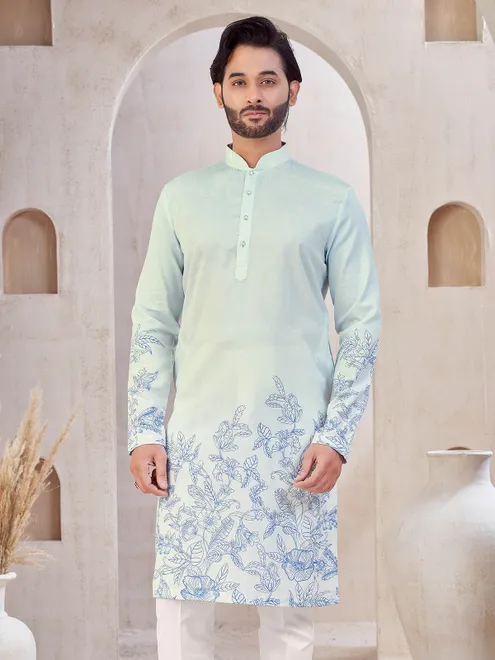 Sky blue printed cotton men kurta suit