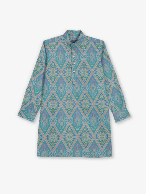 Sky blue printed cotton silk kurta for festive wear