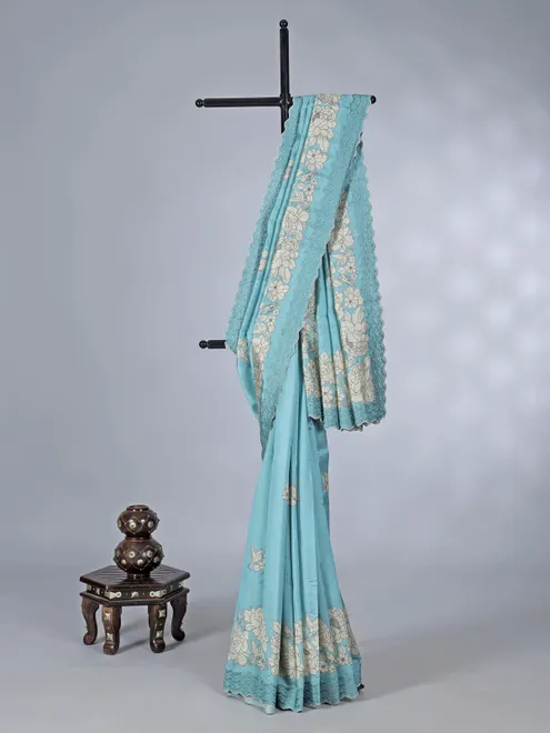 Sky blue printed semi silk saree with resham touch