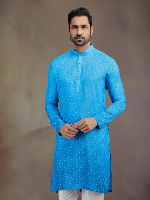 Sky Blue printed silk men kurta pajama