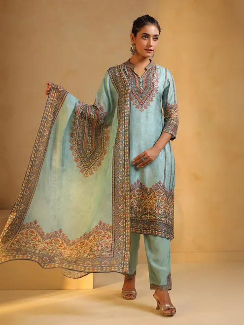 Sky blue printed silk salwar suit for women