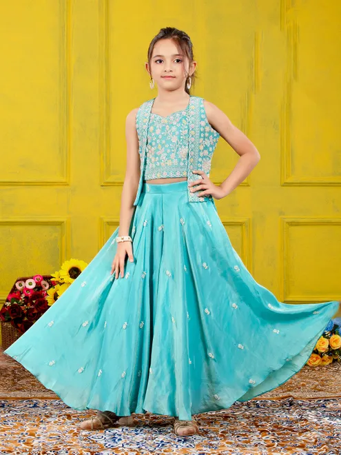 Sky blue satin silk jacket style palazzo suit