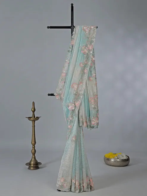 Sky blue shaded tissue silk saree with beads work