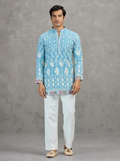 Sky blue short silk embroidered festive kurta suit