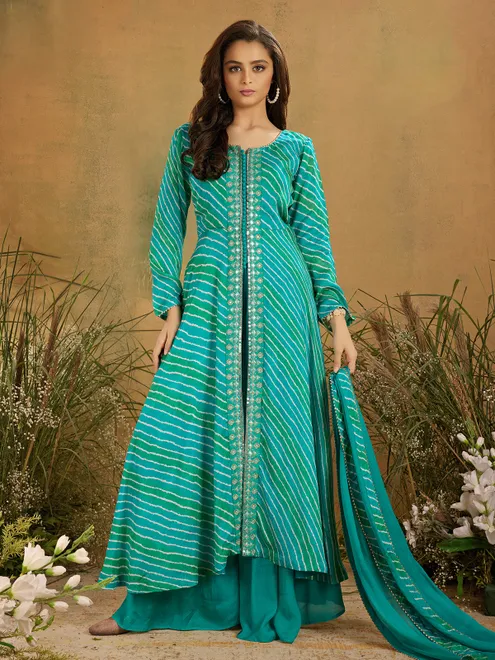 Sky blue silk anarkali palazzo suit with gota work