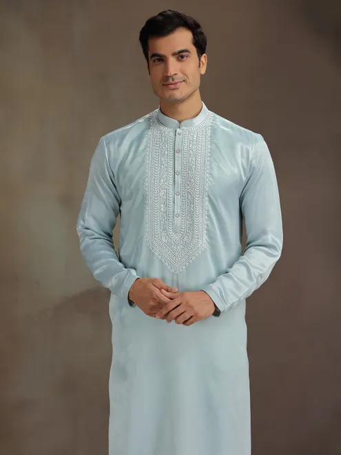 Sky blue silk beaded work kurta suit